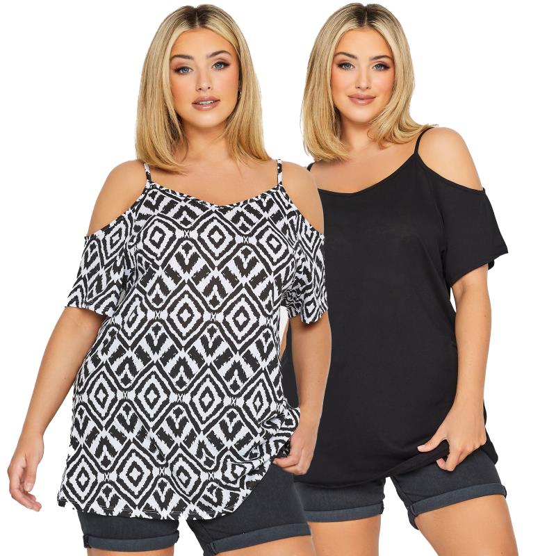 YOURS Plus Size 2 PACK Black Printed Cold Shoulder T-Shirts | Yours Clothing  13