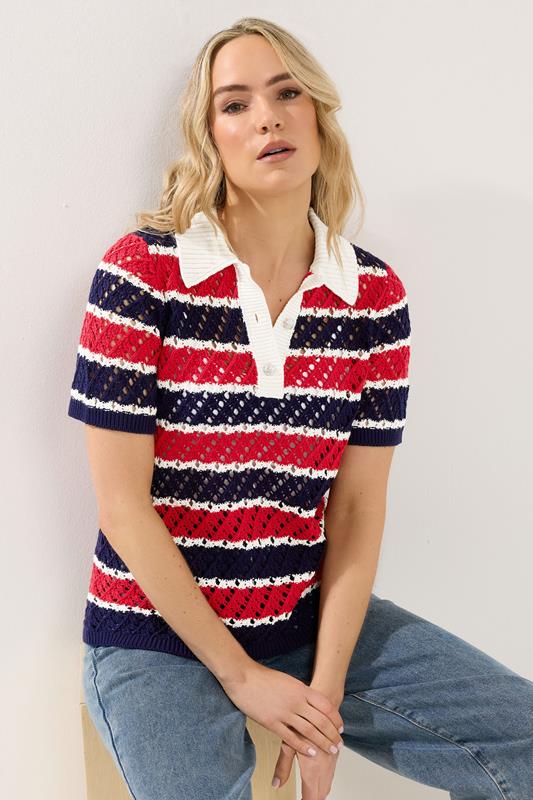 LTS Tall Woman's Blue & Red Crochet Stripe Polo Top | Long Tall Sally 1