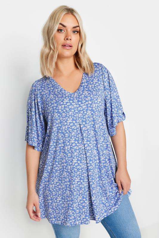  YOURS Curve Blue Ditsy Floral Pleat Front Top