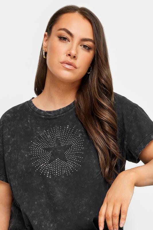 YOURS Plus Size Charcoal Grey Acid Wash Star Stud T-Shirt | Yours Clothing 2
