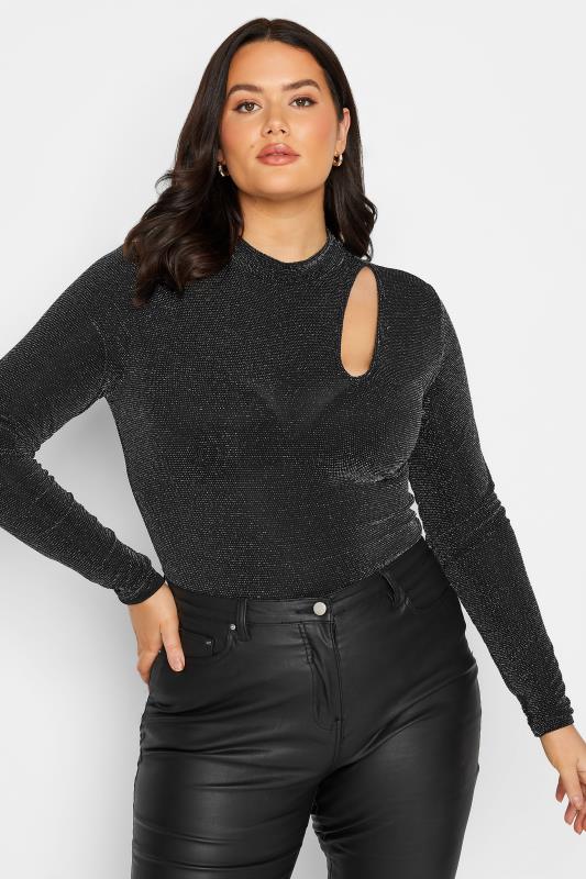  Grande Taille LTS Tall Black Glitter Cut Out Bodysuit