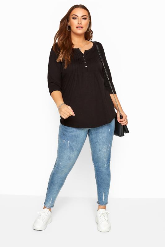 YOURS FOR GOOD Curve Black Pintuck Button Henley Top_B.jpg