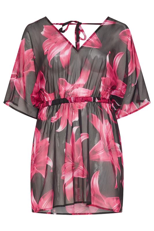 YOURS Plus Size Black & Pink Mesh Flower Print Beach Kaftan | Yours Clothing 5