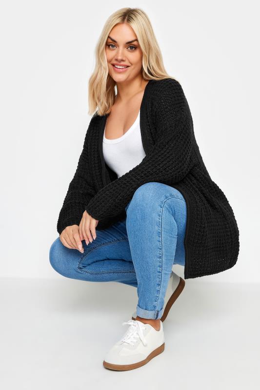 YOURS Plus Size Black Waffle Knit Cardigan | Yours Clothing 1
