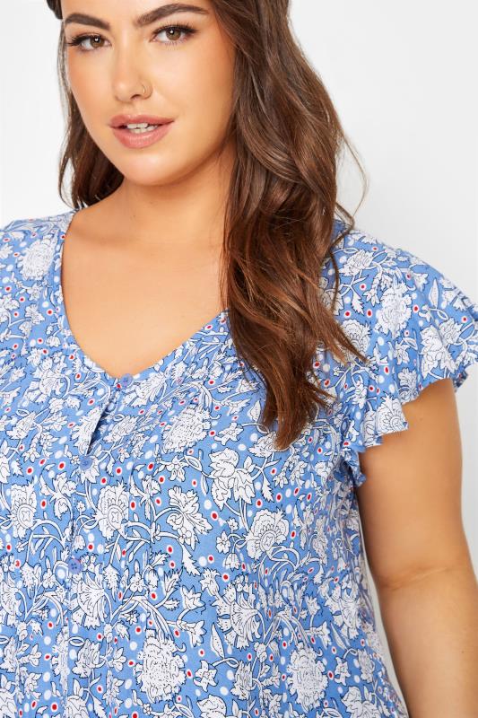 Plus Size Blue Floral Print Frill Sleeve Blouse | Yours Clothing 4