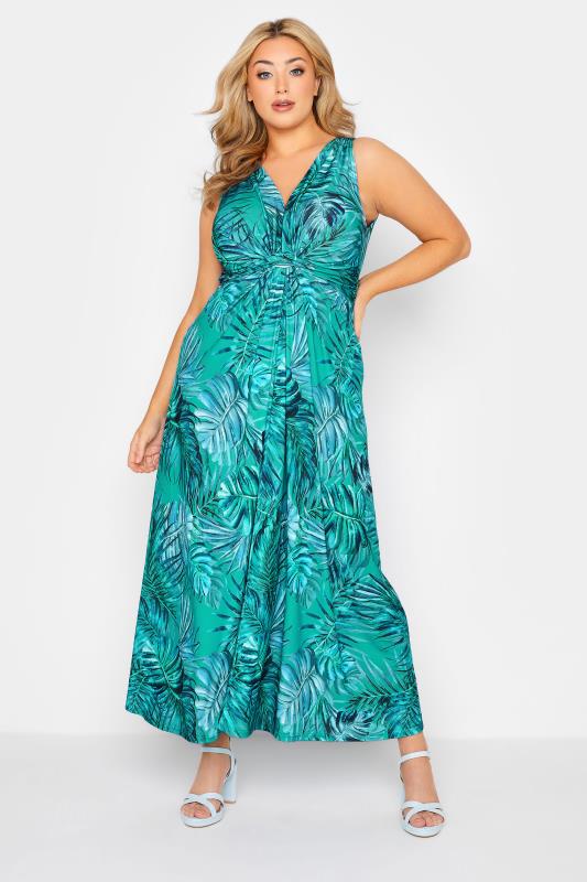 YOURS LONDON Curve Green Tropical Print Knot Front Maxi Dress_A.jpg