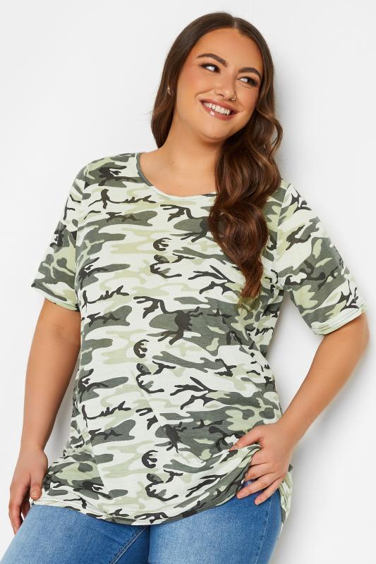 YOURS Plus Size Khaki Green Camo Print Oversized T-Shirt | Yours Clothing 4