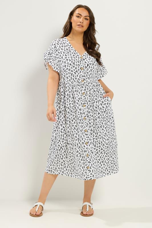 YOURS Plus Size White Floral Frill Sleeve Dress | Yours Clothing 1