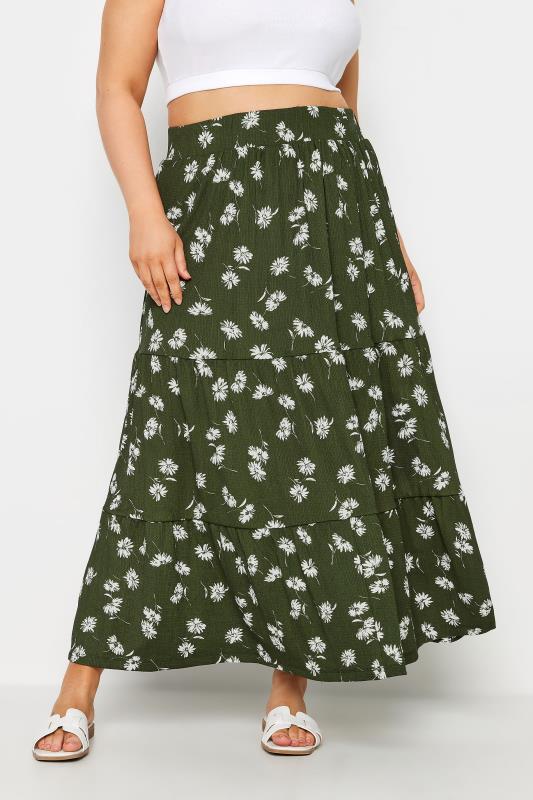 YOURS Plus Size Green Floral Print Tiered Maxi Skirt | Yours Clothing 1