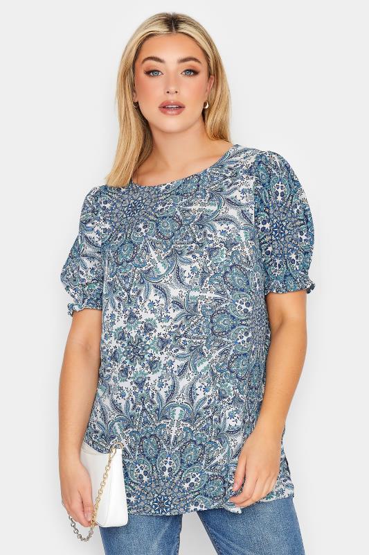 YOURS Curve Plus Size Blue Paisley Print Short Sleeve Blouse | Yours Clothing  1