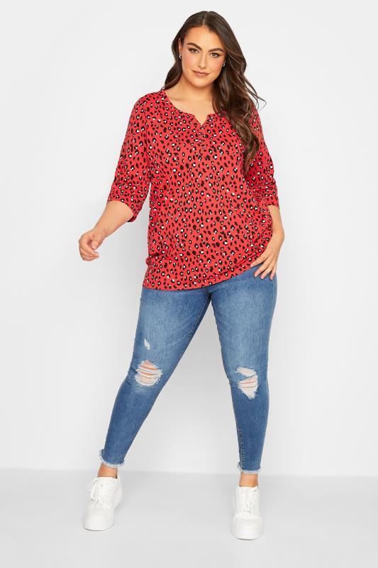 YOURS Plus Size Red Leopard Print Henley T-Shirt | Yours Clothing 2