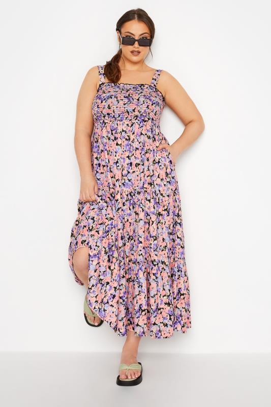LIMITED COLLECTION Curve Black & Pink Floral Print Tiered Maxi Sundress_B.jpg
