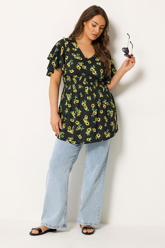 YOURS Plus Size Black Sunflower Print Flutter Sleeve Top | Yours Clothing 2