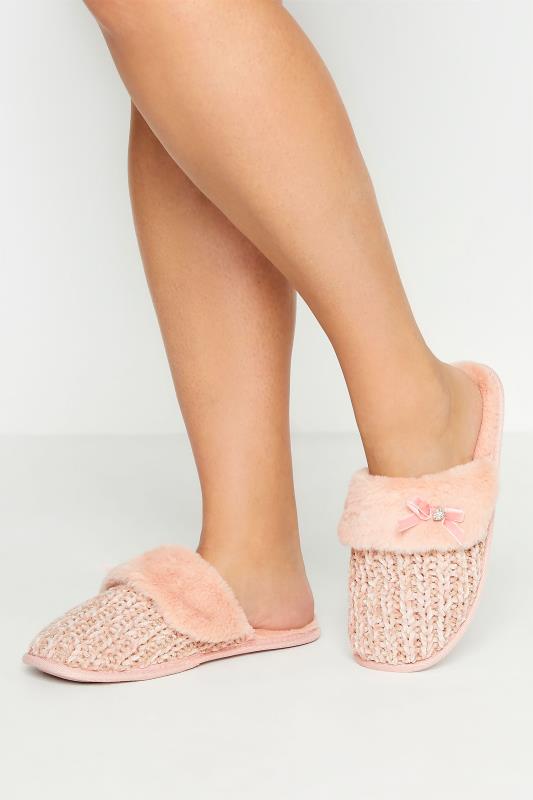 Pink Fur Bow Mule Slippers In Extra Wide Fit | Yours Clothing 1