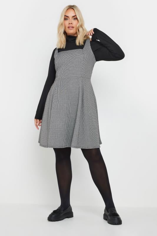 YOURS Plus Size Grey Dogtooth Check Pinafore Dress Yours Clothing