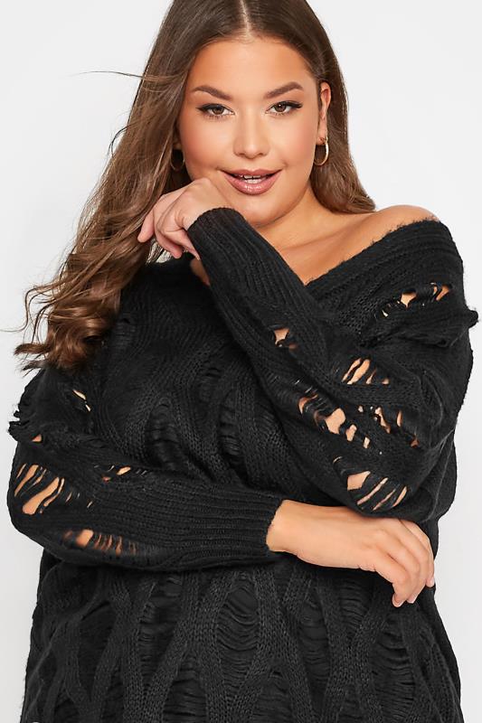 Plus Size Black Distressed V-Neck Knitted Jumper | Yours Clothing 5