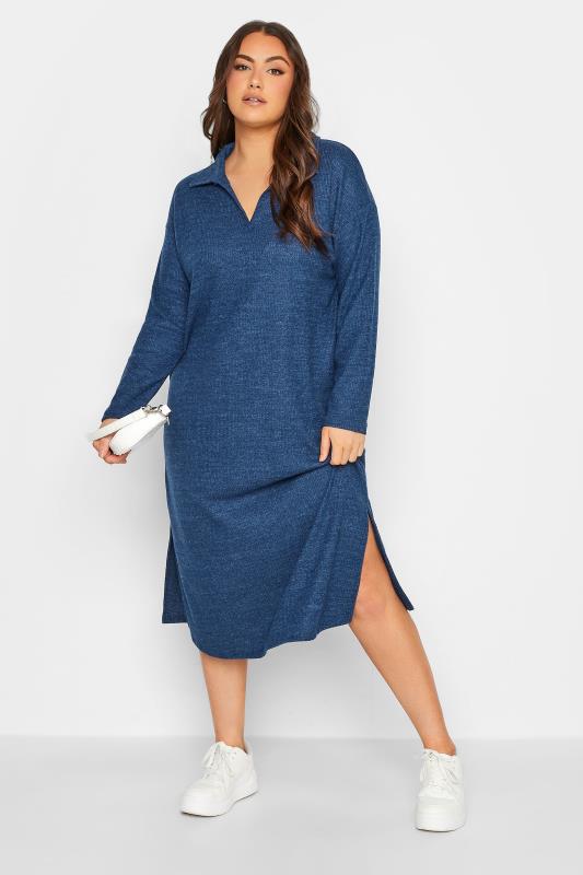 Plus Size Blue Soft Touch Open Collar Midi Dress | Yours Clothing  1