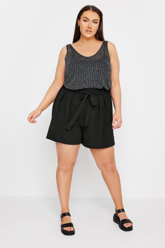 YOURS Plus Size Black Textured Satin Belted Shorts | Yours Clothing 2