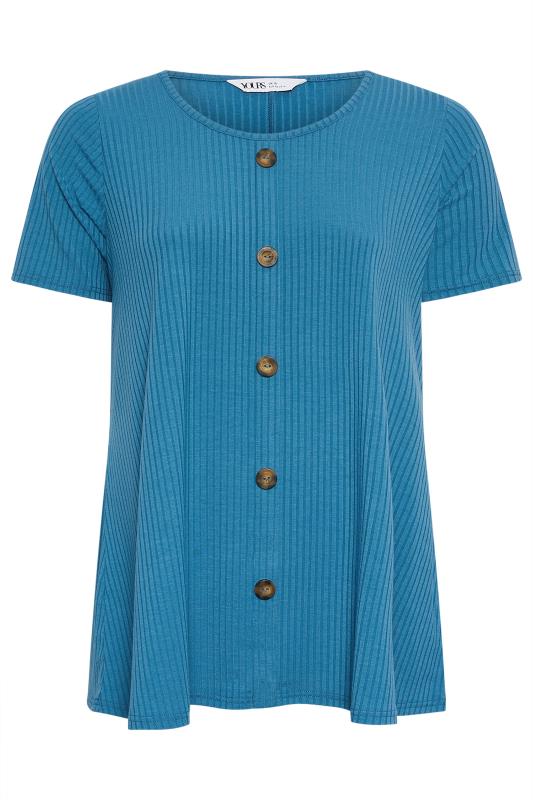 YOURS Plus Size Blue Button Front Ribbed Swing Top | Yours Clothing 5