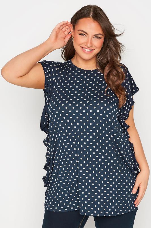 Plus Size Navy Blue Polka Dot Frill Top | Yours Clothing 1