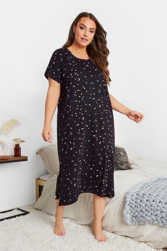 Plus Size Black Star & Moon Print Midaxi Nightdress | Yours Clothing 2