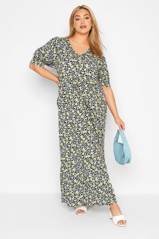 Plus Size Yellow & Blue Floral V-Neck Maxi Dress | Yours Clothing 1