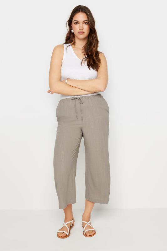  Grande Taille LTS Tall Beige Brown Linen Tie Waist Cropped Trousers