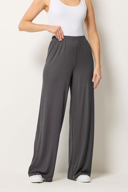 LTS Tall Women's Charcoal Grey Ribbed Wide Leg Trousers | Long Tall Sally 1