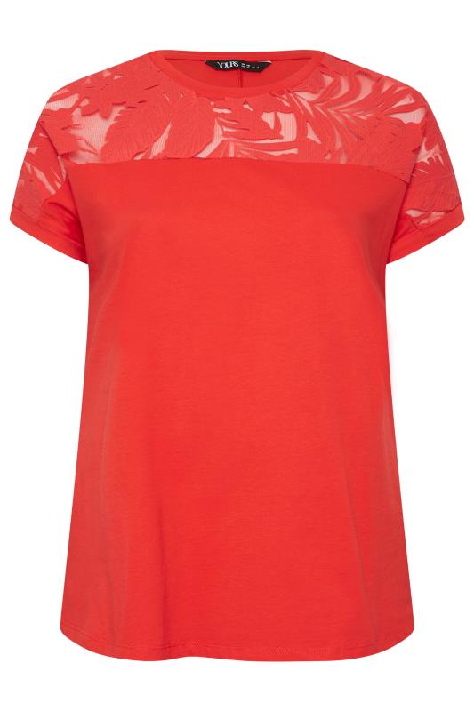 YOURS Plus Size Red Floral Mesh Panel T-Shirt | Yours Clothing 6