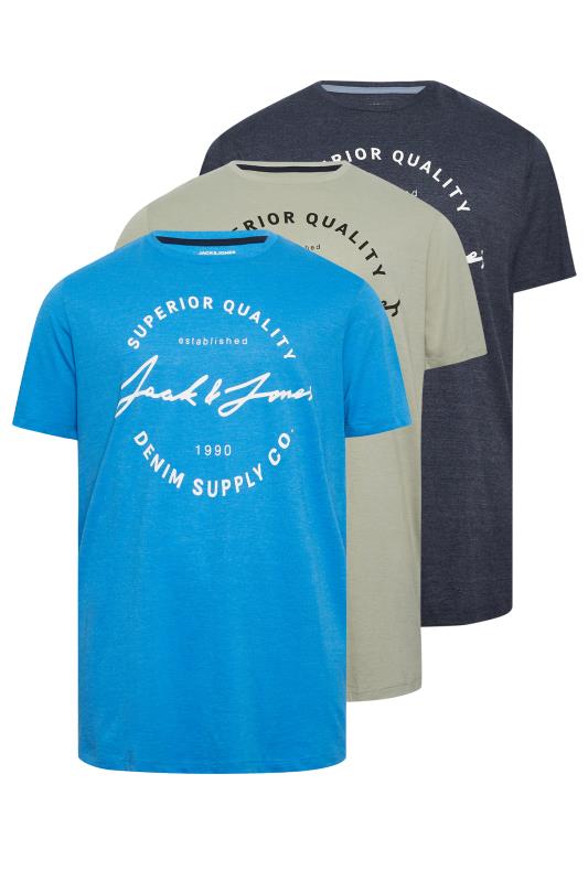 JACK & JONES Big & Tall 3 PACK Black & Blue Logo Printed T-Shirts | BadRhino 2