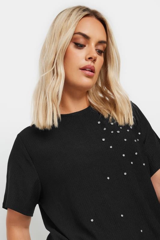 YOURS Plus Size Black Textured Diamante T-Shirt | Yours Clothing 4