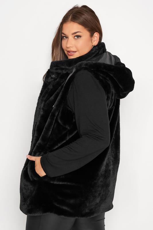 Plus Size Black Plush Faux Fur Hooded Gilet | Yours Clothing 3