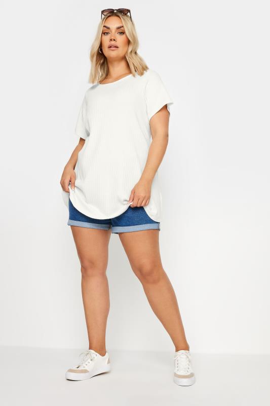 Plus Size  YOURS Curve White Ribbed Short Sleeve Swing Top