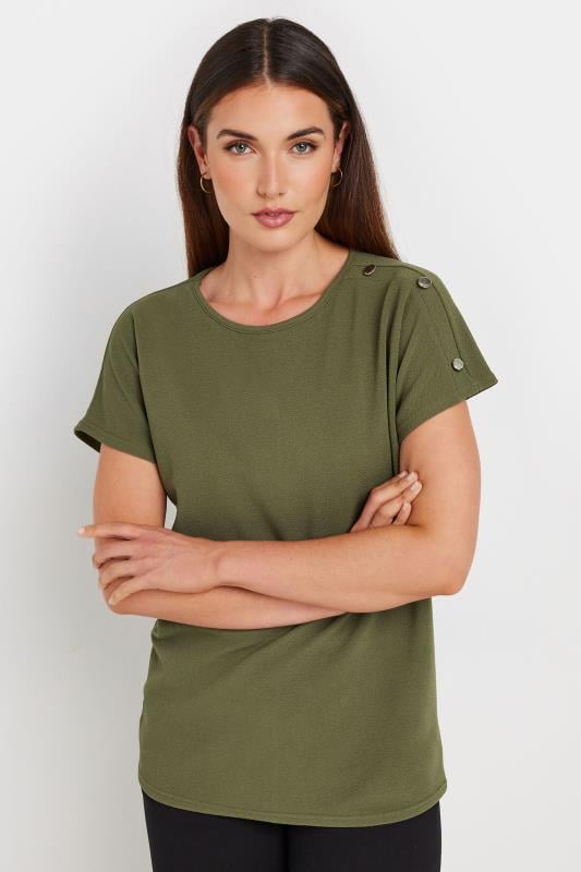 LTS Tall Khaki Green Shoulder Button Detail Top | Long Tall Sally 1