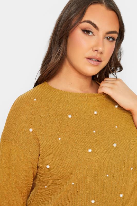 Plus Size Mustard Yellow Pearl Embellished Split Hem Top | Yours Clothing 4