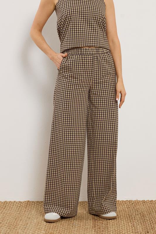 LTS Tall Women's Brown Gingham Print Wide Leg Trousers | Long Tall Sally 1