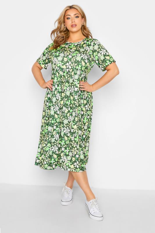 LIMITED COLLECTION Curve Green Floral Print Midaxi Smock Dress 1