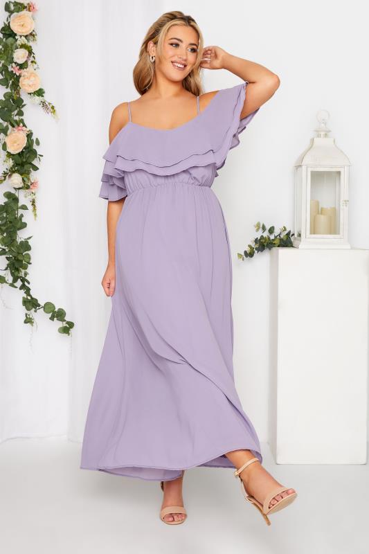 YOURS LONDON Curve Purple Bardot Ruffle Bridesmaid Maxi Dress 2
