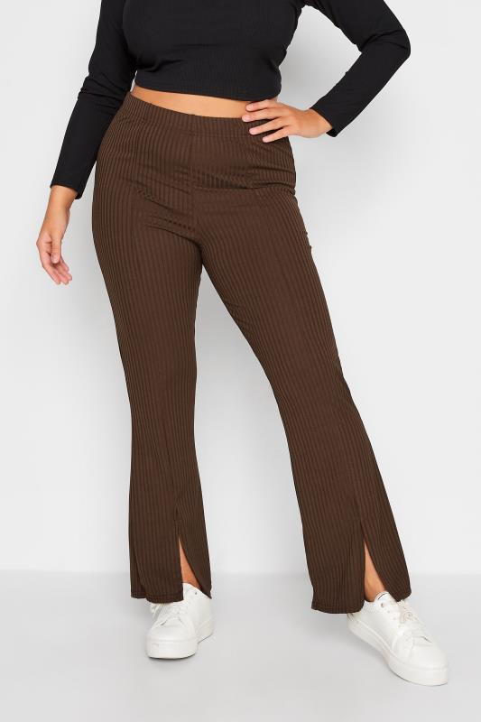 Plus Size  Curve Chocolate Brown Ribbed Split Front Flared Stretch Trousers
