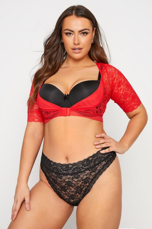 Curve Red Mesh Lace Front Fastening Armwear Top 2