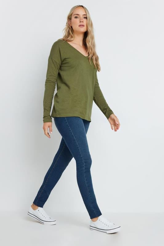 LTS Tall Khaki Green V-Neck Long Sleeve Cotton T-Shirt | Long Tall Sally 2