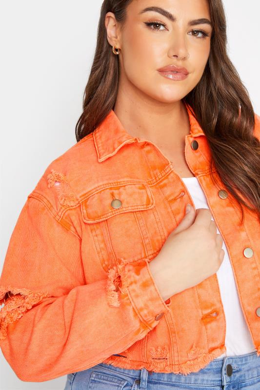 Plus Size Bright Orange Cropped Distressed Denim Jacket | Yours Clothing  5