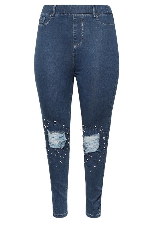 Plus Size Mid Blue Embellished Knee GRACE Jeggings | Yours Clothing 4