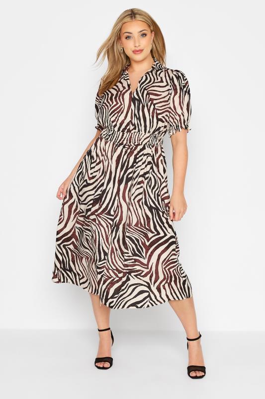Plus Size  YOURS LONDON Curve Beige Brown Zebra Print Shirred Waist Dress