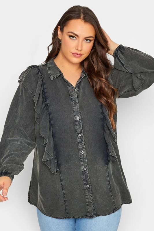 Plus Size LIMITED COLLECTION Charcoal Grey Frill Chambray Shirt | Yours Clothing 1