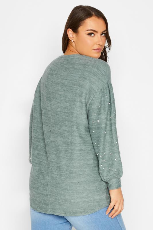 Plus Size Sage Green Pearl & Diamante Embellished Sleeve Jumper | Yours Clothing  3