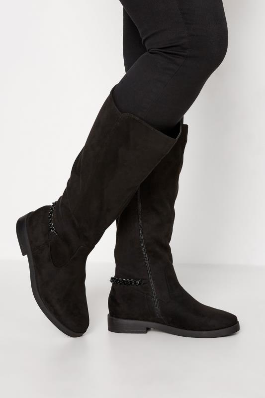 Curve Black Suede Knee High Chain Detail Boots In Wide E Fit & Extra Wide EEE Fit  1