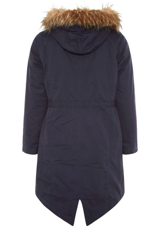 Plus Size Navy Blue Faux Fur Lined Hooded Parka | Yours Clothing 8