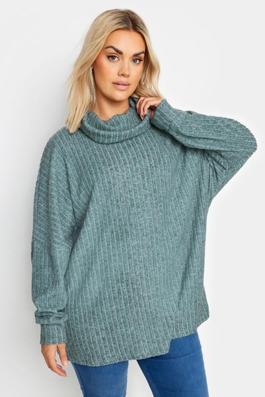 Plus Size  YOURS Curve Blue Soft Touch Ribbed Turtle Neck jumper