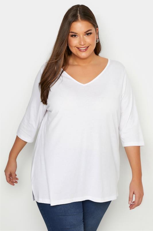 Plus Size White V-Neck Essential T-Shirt | Yours Clothing  1